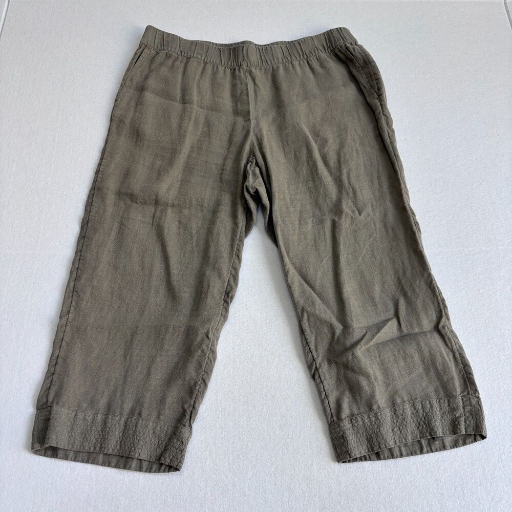 J. Jill Linen Wide Leg Crop Pants Women's XL Green Pull On Pockets Beachy Travel